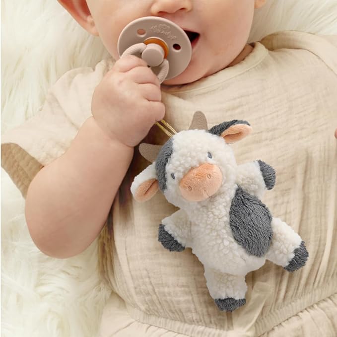 Itzy Ritzy Pacifier & Lovey Set - Natural Rubber Pacifier with Stuffed Animal Lovey - Detachable Plush Cow Binky Holder & Coordinating Natural Rubber Binky, Ideal for Ages 0-6 Months (Cow)-BubblyBeeBaby