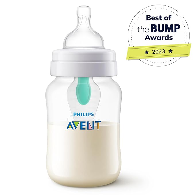 Philips Avent Anti-Colic Baby Bottle with AirFree Vent, 9oz, with Flow 2 Nipples, 1m+, 4pk, Clear, SCY703/04-BubblyBeeBaby