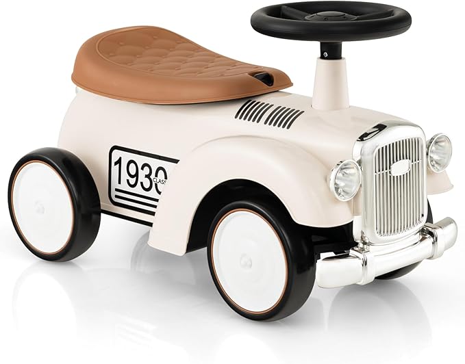 HONEY JOY Ride On Push Car, Outdoor Toddler Riding Toys w/Steering Wheel, Horn & Storage, Foot-to-Floor Sliding Car, No Batteries, Retro Baby Ride On Toys for Boys and Girls (White)-BubblyBeeBaby