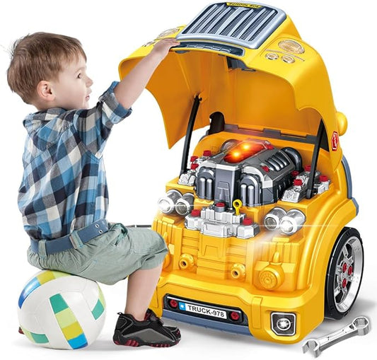 Interactive Truck Engine Toy with Removable Parts - Lights, Sounds, and Fun for Young Mechanics -Unleash Their Creativity and Motor Skills with This Truck Engine Toy (Yellow)-BubblyBeeBaby