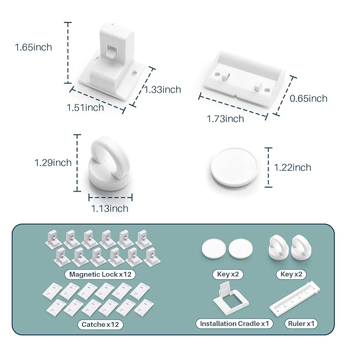 Inaya Magnetic Cabinet Locks Baby Proofing, 12 Locks & 2 Keys, Child Proof Magnet Locks for Cabinet Drawers with Invisible Design, 3M Adhesive for Easy Installation - No Drill & Tools Needed-BubblyBeeBaby