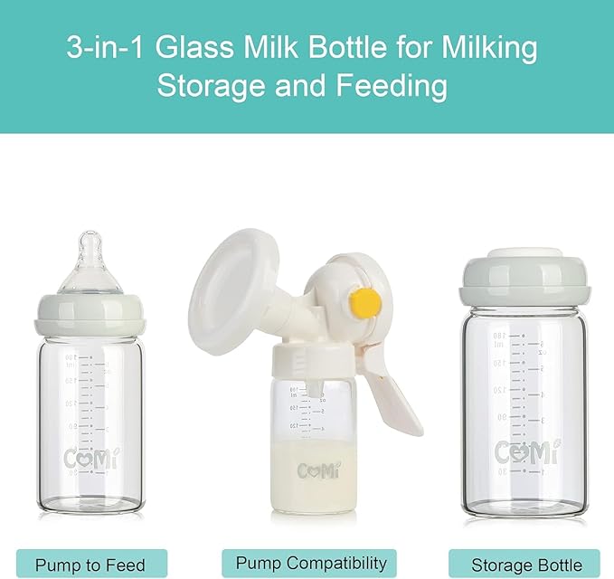 COMI Wide Neck Glass Breastmilk Collection n Storage Bottle, 6oz with Screw Ring Sealing Disk; Re-markable Sealing Disc. BPA Free, Fits Breast Pumps & Nipples (Gray Lids)-BubblyBeeBaby