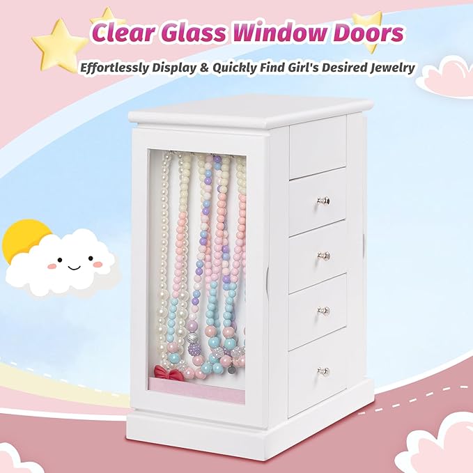 Jewelry Box for Girls, Musical Jewelry Box with Spinning Dancer Gifts for Little Girls Christmas New Year Birthday Children's Day, 5 Layer Large Wooden Kids Music Jewelry Organizer Box(White)-BubblyBeeBaby