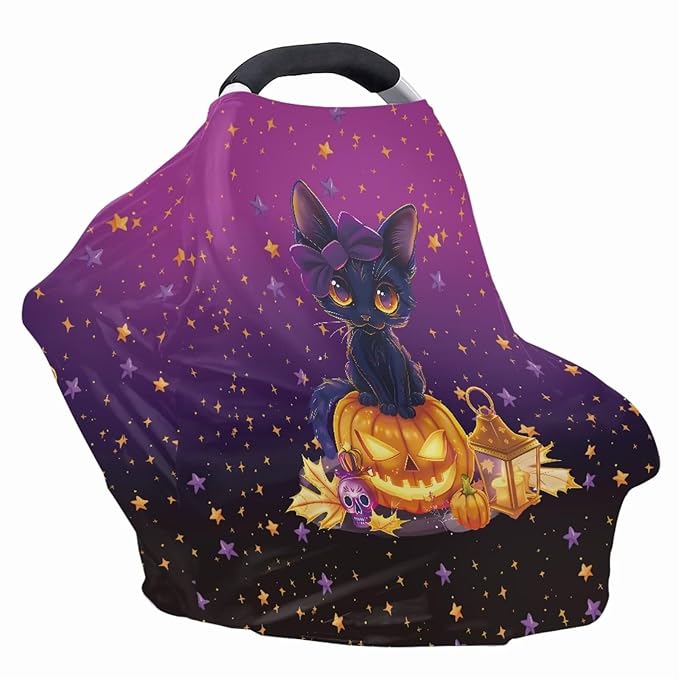 Binienty Black Cat Car Seat Covers for Babies Galaxy Pumpkin Cats Moon Nursing Covers Stretchy Breastfeeding Scarf Multi Use Carseat Covers for Stroller-BubblyBeeBaby