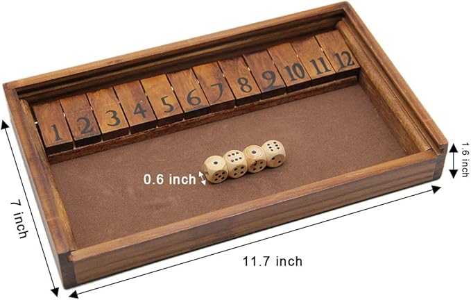 Juegoal Shut The Box Wooden Board Dice Game with 12 Numbers and Lid for Kids Adults Families, 2 Players and Up-BubblyBeeBaby
