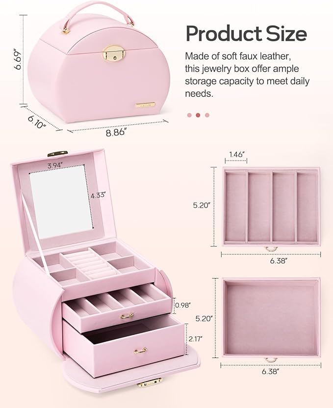 Homde Girls Jewelry Box Jewelry Storage Case Organizer with Mirror for Rings, Earrings, Bracelets, Necklaces (Light Pink + Gold)-BubblyBeeBaby