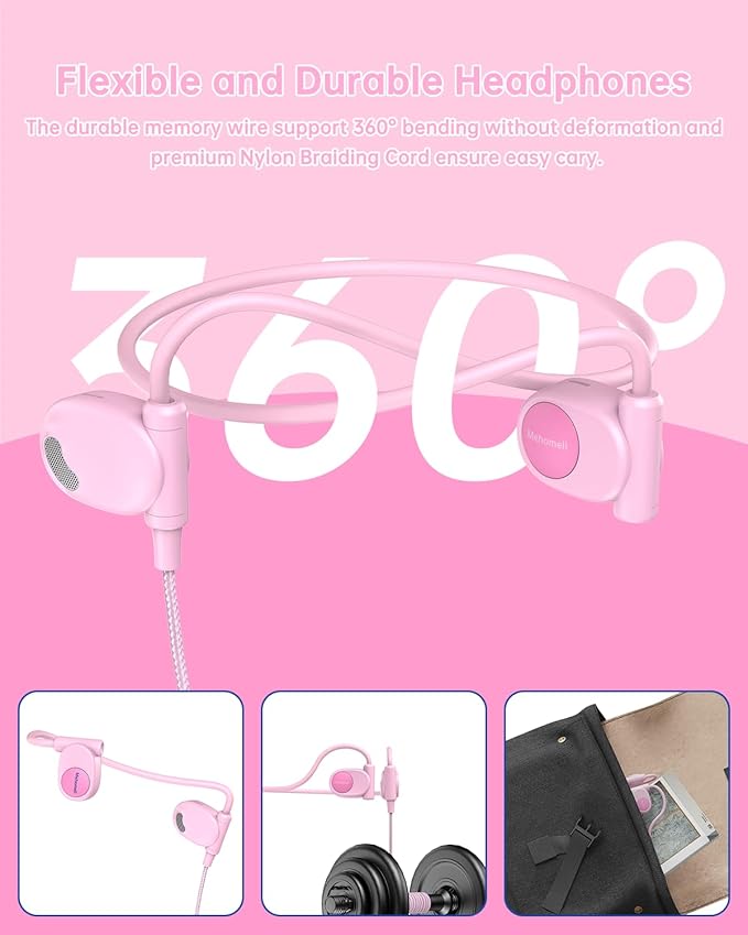 Kid Headphones for School, Air Conduction Open Ear Headphones, 3.5mm Jack Wired Cord, Ultra-Comfort, Ergonomic and Lightweight Design Perfect for School and Outdoor Activities-Pink-BubblyBeeBaby