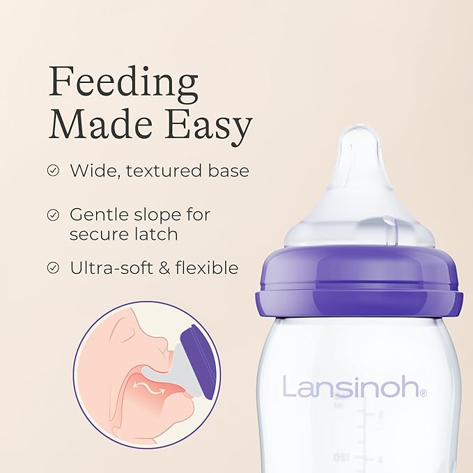 Lansinoh Anti-Colic Glass Baby Bottles, 5 Ounces, 4 Count Bottles for Feeding, Baby Essentials, Includes 4 Slow Flow Nipples, Size S-BubblyBeeBaby