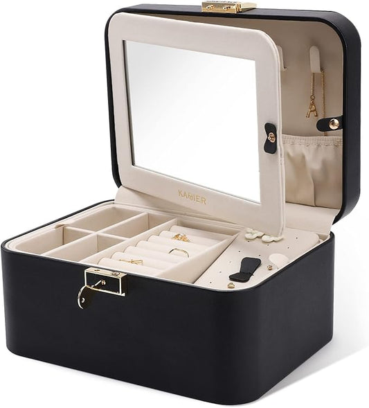 KAMIER Jewelry Holder Organizer, 2 Layers PU Leather Jewelry Box, Large Capacity, Double Lock and Large Mirror, Hidden Necklace Hooks, Removable Dividers, Gift Box Packaging, Black-BubblyBeeBaby