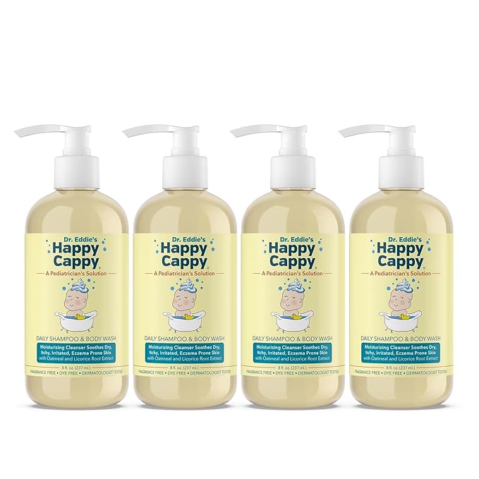 Happy Cappy Baby Shampoo and Body Wash - Eczema Body Wash for Kids, Toddler, Adults, Helps with Dryness, Reduces Itching and Redness, Dermatologist Tested, Fragrance Free - 8 Fl Oz (Pack of 4)-BubblyBeeBaby
