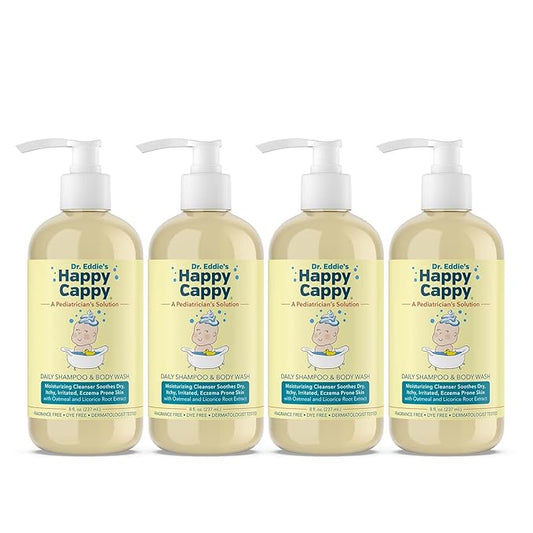 Happy Cappy Baby Shampoo and Body Wash - Eczema Body Wash for Kids, Toddler, Adults, Helps with Dryness, Reduces Itching and Redness, Dermatologist Tested, Fragrance Free - 8 Fl Oz (Pack of 4)-BubblyBeeBaby