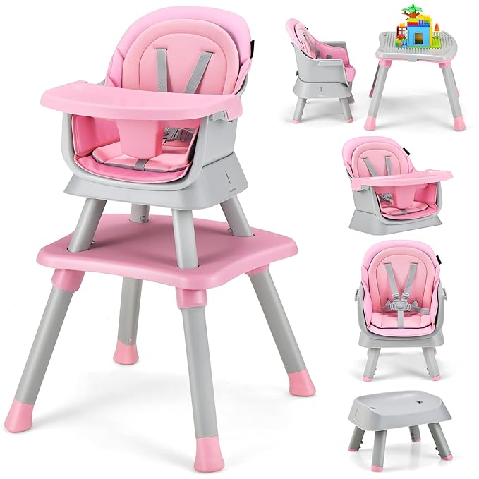 HONEY JOY 8 in 1 Baby High Chair, Convertible Highchair for Babies and Toddlers/Table and Chair Set/Building Block Table/Booster Seat/Stool/Toddler Chair with Safety Harness (Pink)-BubblyBeeBaby