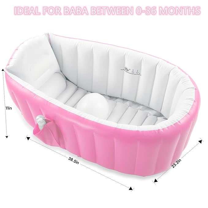 Inflatable Baby Bathtub, Portable Infant Toddler Bathing Tub Non Slip Travel Bathtub Mini Air Swimming Pool Kids Thick Foldable Shower Basin with Air Pump, Pink-BubblyBeeBaby