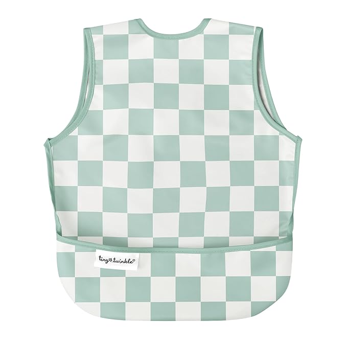 Tiny Twinkle Mess Proof Baby Bib - Waterproof & Lightweight Baby-Led Weaning Apron | 100% Recycled Polyester, Easy Clean & Machine Washable (Green Checkers, Small 6-24 Months)-BubblyBeeBaby