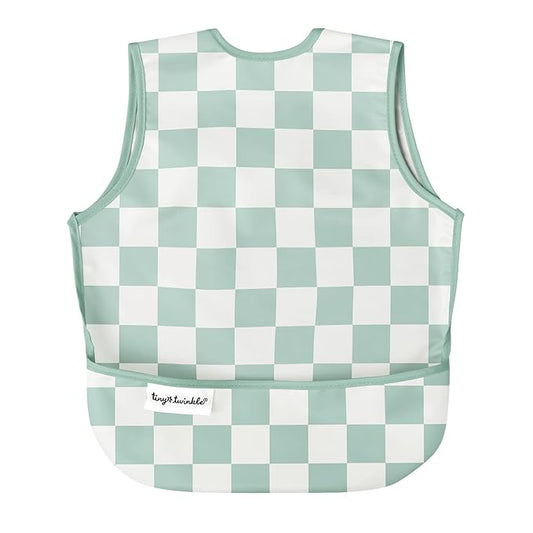 Tiny Twinkle Mess Proof Baby Bib - Waterproof & Lightweight Baby-Led Weaning Apron | 100% Recycled Polyester, Easy Clean & Machine Washable (Green Checkers, Small 6-24 Months)-BubblyBeeBaby