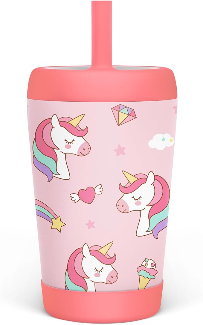 Kid Insulated Stainless Steel Tumbler with Silicone Straw, 12oz Sippy Cup for Kids (Dreamy Unicorn)-BubblyBeeBaby