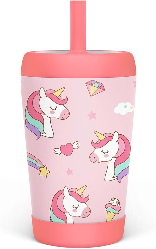 Kid Insulated Stainless Steel Tumbler with Silicone Straw, 12oz Sippy Cup for Kids (Dreamy Unicorn)-BubblyBeeBaby