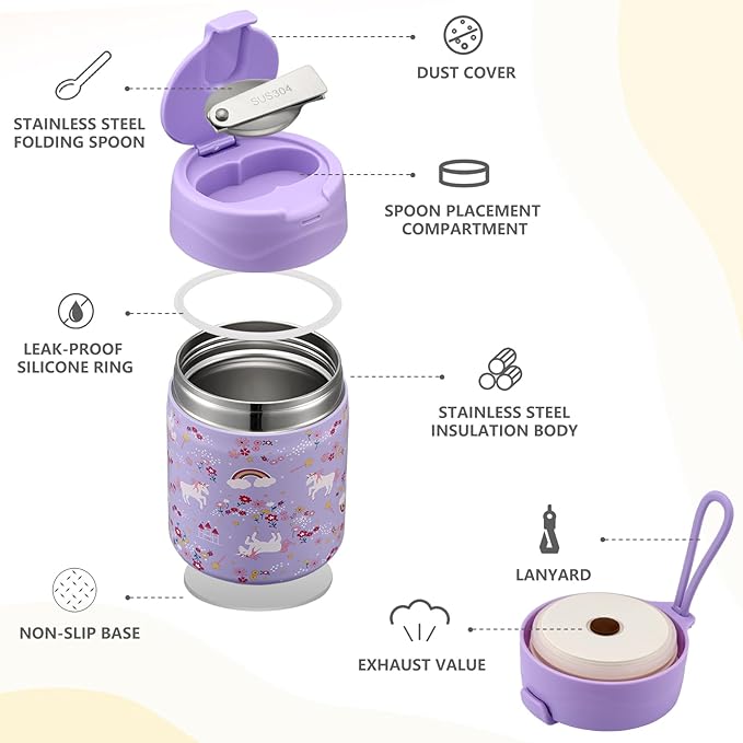 17oz Soup Thermo for Hot Food Kids Insulated Vacuum Food Jar with Stainless Steel Spoon Wide Mouth Thermo Leakproof Lunch Food Container Kids Hot Lunch Box (Purple-Horse)-BubblyBeeBaby