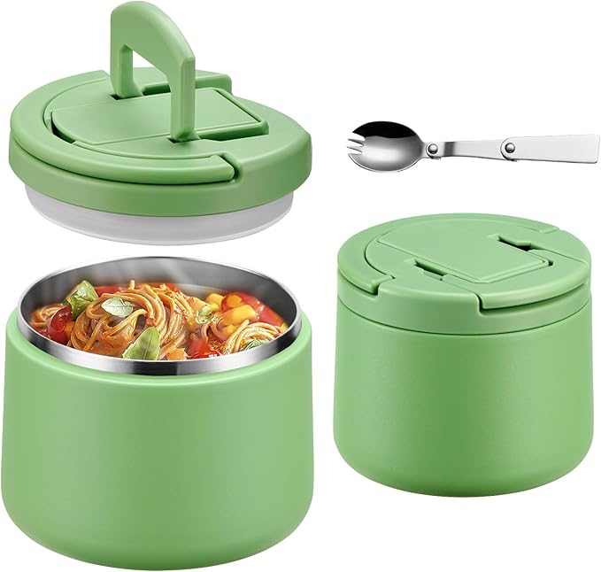 14oz Insulated Vacuum Food Jar with Buckle Lid,Soup Thermo for Hot Food Kids,Wide Mouth Leakproof Stainless Steel Lunch Container with Spoon-Green-BubblyBeeBaby