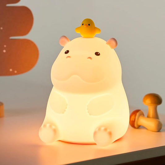 Hippo Night Light, Cute Silicone Squishy LED Lamp, Dimmable Nursery Nightlight, Rechargeable Bedside Table Lamp with Touch Sensor, Gifts for Bedrooms,Living Room,Breastfeeding-BubblyBeeBaby