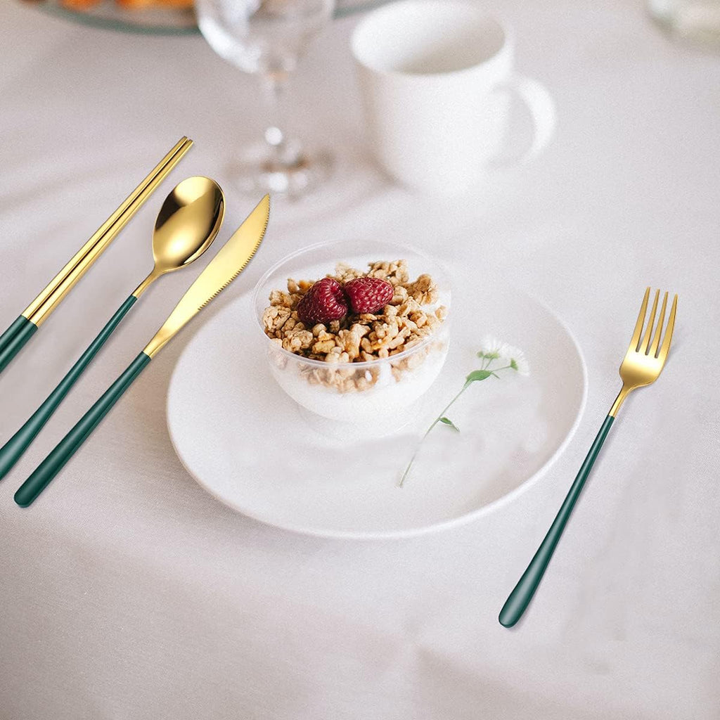 AARAINBOW 6 Pieces 18/8 Stainless Steel Flatware Set Portable Reusable Cutlery Set Travel Utensils Set Including Chopsticks Knife Fork Spoon Straws Cleaning Brush Dishwasher Safe (Green golden)