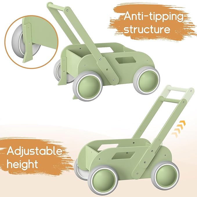 2025 HOMEKOL Wooden Baby Walker,Baby Push Walker, Adjustable Speed Baby Walker for Boys and Girls, Baby Activity Center, Gift for Birthday, Christmas and New Year Nature Green-BubblyBeeBaby
