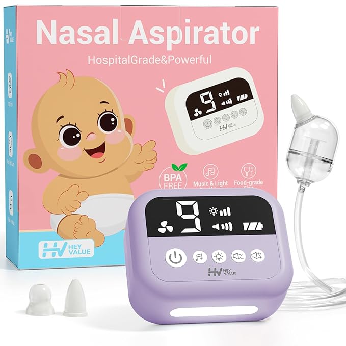 HEYVALUE Nasal Aspirator for Baby, Hospital Grade Nose Sucker with 9 Levels Suction, Night Light and Nursery Rhyme Soothing, Electric Nose Suction for Baby with Food-Grade Silicone Tips Purple-BubblyBeeBaby