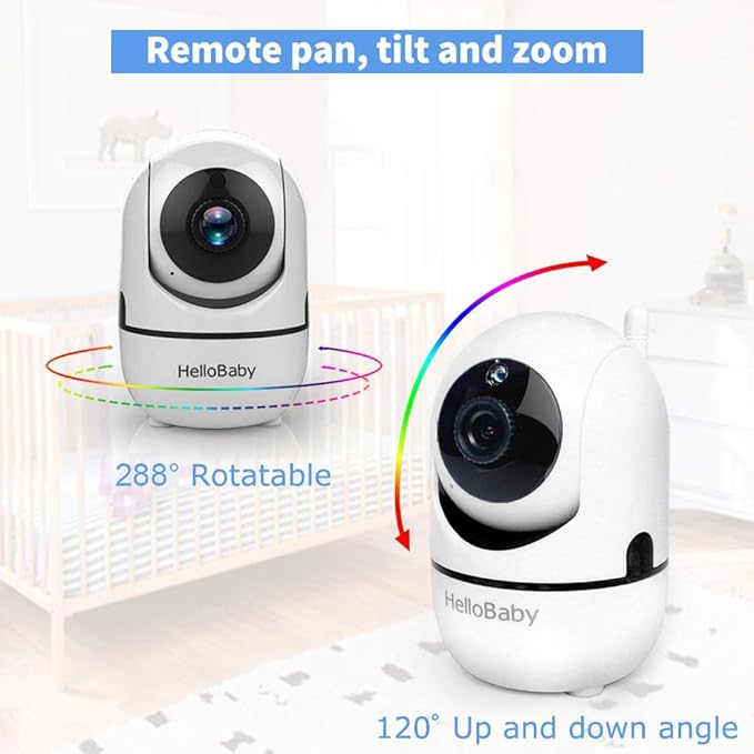 HelloBaby Video Baby Monitor with Remote Camera Pan-Tilt-Zoom, 3.2'' Color LCD Screen, Infrared Night Vision, Temperature Display, Lullaby, Two Way Audio-BubblyBeeBaby