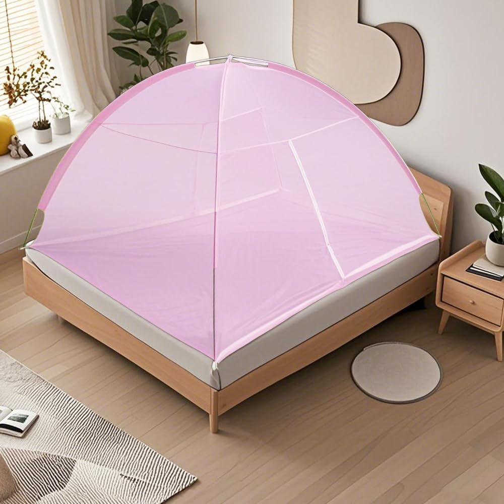 Pop-Up Mosquito Net Tent for Beds, Portable Folding Design with Net Bottom Bedroom and Outdoor Trip for Baby Adults, Easy to Install and Wash for Twin to King Size Bed 79 x71x59 inch (Pink)