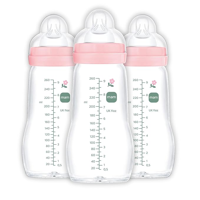 MAM Premium Glass Baby Bottles, Easy Switch Between Breast and Bottle, Feel Good Medium Flow, Newborn Essentials Must Have, 2+ Months, BPA Free, 9oz, Girl, 3 Pack-BubblyBeeBaby