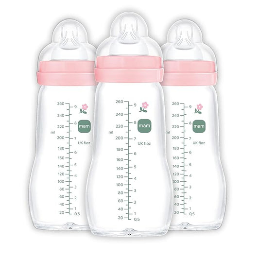 MAM Premium Glass Baby Bottles, Easy Switch Between Breast and Bottle, Feel Good Medium Flow, Newborn Essentials Must Have, 2+ Months, BPA Free, 9oz, Girl, 3 Pack-BubblyBeeBaby