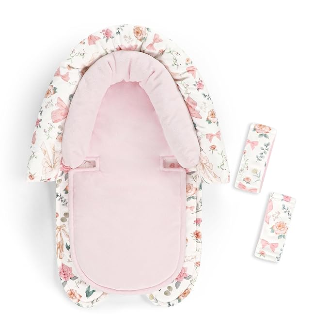 Baby Car Seat Head Support for Newborn, GFU 2 in 1 Infant Car Seat Head Body Support with Strap Pads, Soft Stroller Cushion Pillow Insert for Girls, Fits for Stroller, Swing, Pink Floral-BubblyBeeBaby