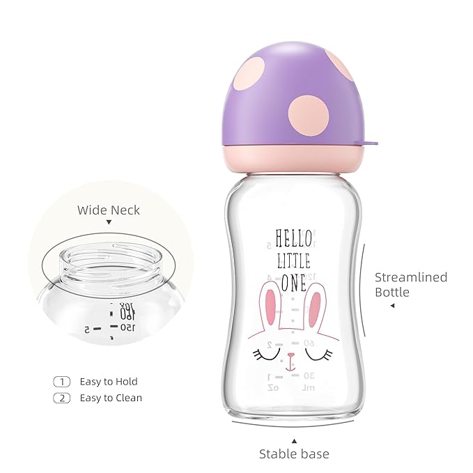 YOHKOH Natural Glass Baby Bottle with Natural Response Nipple, Newborn Anti-Colic Baby Bottles, Wide Neck Mushroom Cap Baby Bottle, Clear ((5.4oz (Pack of 4), Purple)-BubblyBeeBaby
