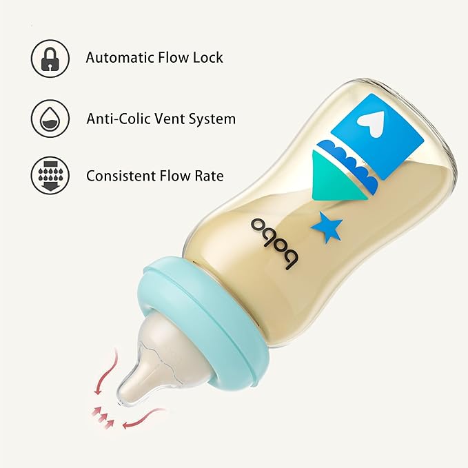 YOHKOH PPSU Baby Bottle Wide Neck, Newborn Anti-Colic Baby Bottle with Natural Response Nipple, Streamlined Body, Easy to Clean (8.8oz (Pack of 4), Blue)-BubblyBeeBaby