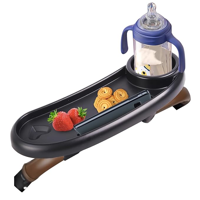 Snack Tray Compatible with Mockingbird,Nuna,Evenflo Stroller,Adjustable Stroller Snack Tray with Cup Holder and Phone Holder, Stroller Accessories Black-BubblyBeeBaby