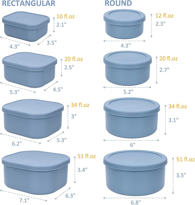 100% Silicone Food Storage Containers with Lids, 8 Pack, 10oz to 51oz, Reusable Leakproof Nesting & Stackable Silicone Bento Lunch Box, Microwave Freezer Dishwasher Oven Safe, BPA Free, Slate Blue-BubblyBeeBaby