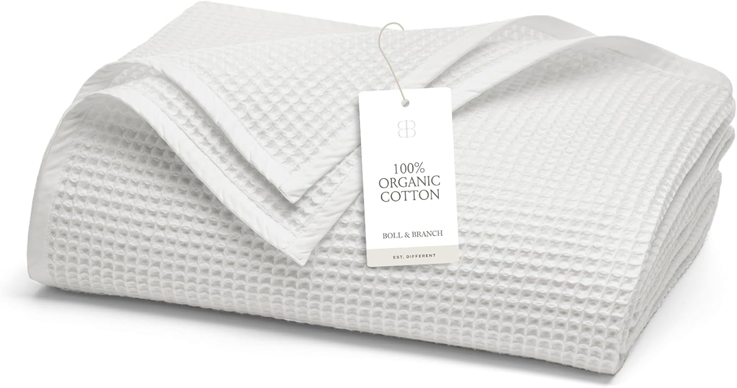 BOLL & BRANCH Waffle Bed Blanket - Twin, White - Luxury 100% Organic Cotton - Soft, Lightweight, Breathable - Textured Waffle Weave Design