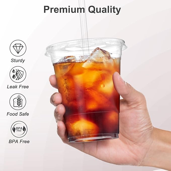 100 Pack - 16 oz Clear Plastic Cups with Lids and Straws, Sturdy & Food Safe Iced Coffee Cups with lids, Disposable Plastic Smoothie Cups for Cold Drinks-BubblyBeeBaby
