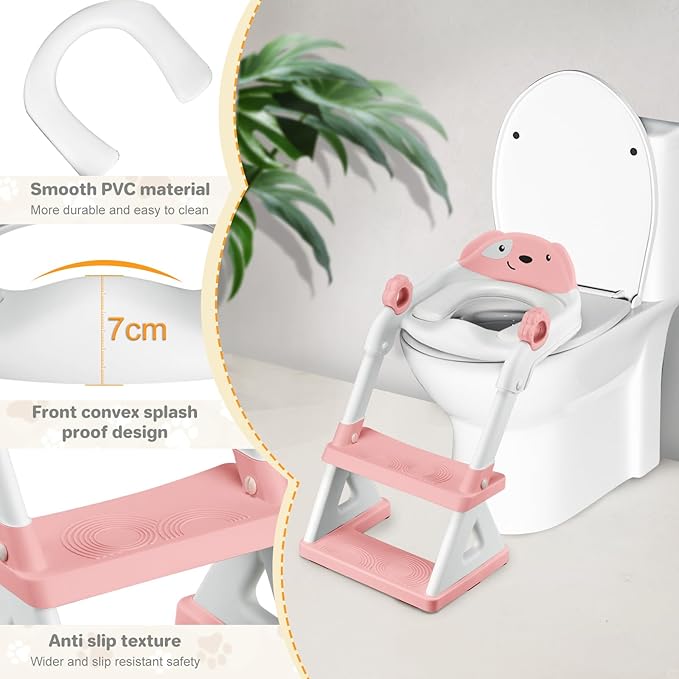 2 In 1 Potty Training Toilet Seat & Toddler Step Stool, Bottom Triangle Stability Toddler Toilet Seat, Adjustable Step & Seat Height Potty Seats (Pink)-BubblyBeeBaby