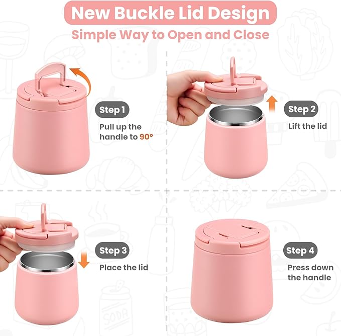 20oz Insulated Vacuum Food Jar with Buckle Lid,Soup Thermo for Hot Food Kids,Wide Mouth Leakproof Stainless Steel Lunch Container with Spoon-Pink-BubblyBeeBaby