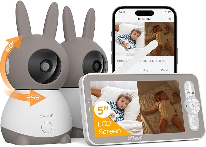 ieGeek 2K Split-Screen Baby Monitor, 5" Audio Baby Monitor with 2 Cameras, WiFi Smartphone Video Dual Camera, Night Vision, Motion & Cry Detection, Two Way Talk Temper &Humidity Sensor-BubblyBeeBaby