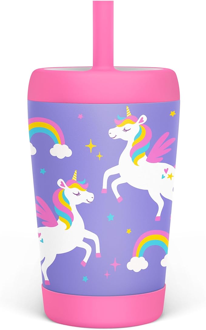Kid Insulated Stainless Steel Tumbler with Silicone Straw, 12oz Sippy Cup for Kids (Unicorn)-BubblyBeeBaby