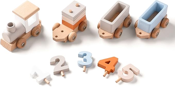 ibwaae Wooden Train Set for Baby Toys with Numbers and Blocks Train Toy 12 PCS for Toddler Boys and Girls 1 2 3 4 5 Birthday Toys-BubblyBeeBaby