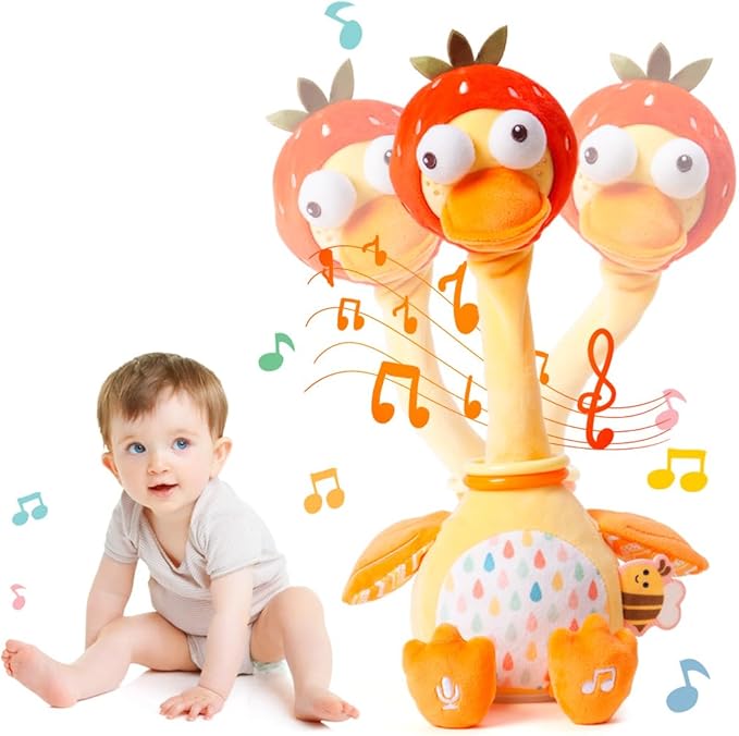 Jollybaby Plush Talking Singing Dancing Musical Strawberry Duck Toy for Toddlers 1-3 Just Like Cactus Toy, Music Mimicking Interactive Toys for Crawling Kids, Sensory Gift for Baby 0-6-12 Month-BubblyBeeBaby