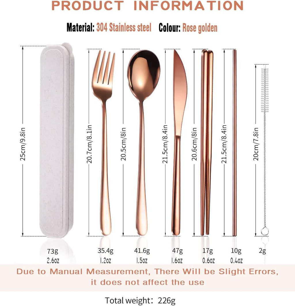 AARAINBOW 6 Pieces 18/8 Stainless Steel Flatware Set Portable Reusable Cutlery Set Travel Utensils Set Including Chopsticks Knife Fork Spoon Straws Cleaning Brush Dishwasher Safe (Rose Gold)