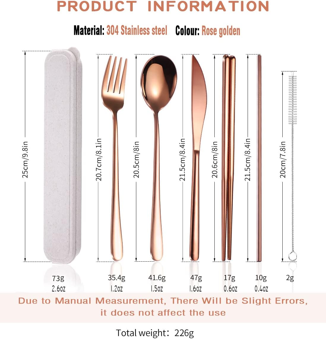 AARAINBOW 6 Pieces 18/8 Stainless Steel Flatware Set Portable Reusable Cutlery Set Travel Utensils Set Including Chopsticks Knife Fork Spoon Straws Cleaning Brush Dishwasher Safe (Rose Gold)