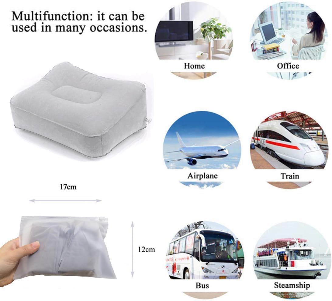 Inflatable Travel Foot Rest Pillow, Head Pad, Soft Flocking Pillow, Flights Relax Cushion Ottomans Leg Up with Air Pump for Office, Home Relax, Camping and Travel Use (Gray) 1PCS