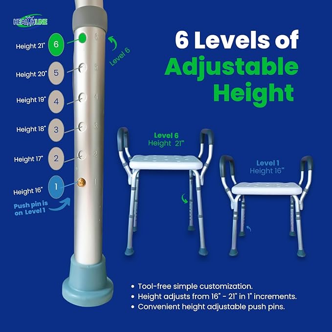 HEALTHLINE Adjustable Shower Bench with Arms – Lightweight Bath Seat with Padded Handles, Height 15"–20", White Plastic Seat with Drainage Holes, for Balance Assistance in Shower/Tub, 300 lb Capacity-BubblyBeeBaby