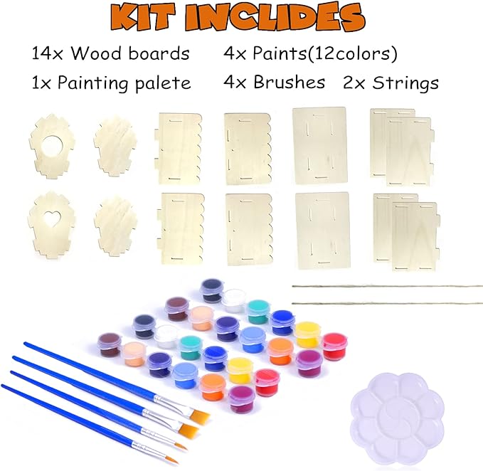 hapray 2 Pack Bird House Kit, DIY Birdhouse Kits, Wooden Crafts Arts for Children to Build and Paint (Includes Paints & Brushes) for Kids Girls Boys Toddlers Gifts Christmas-BubblyBeeBaby