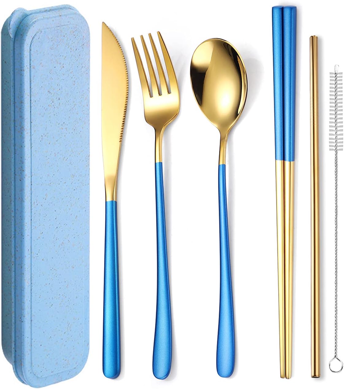 AARAINBOW 6 Pieces 18/8 Stainless Steel Flatware Set Portable Reusable Cutlery Set Travel Utensils Set Including Chopsticks Knife Fork Spoon Straws Cleaning Brush Dishwasher Safe (Blue golden)